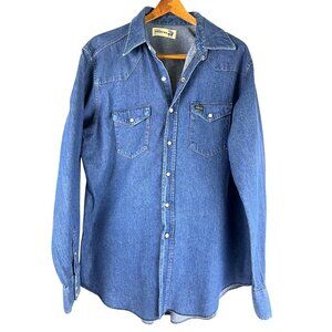 VTG 70's Roebucks Western Cowboy Denim Pearl Button Long Sleeve Shirt, Men's XL